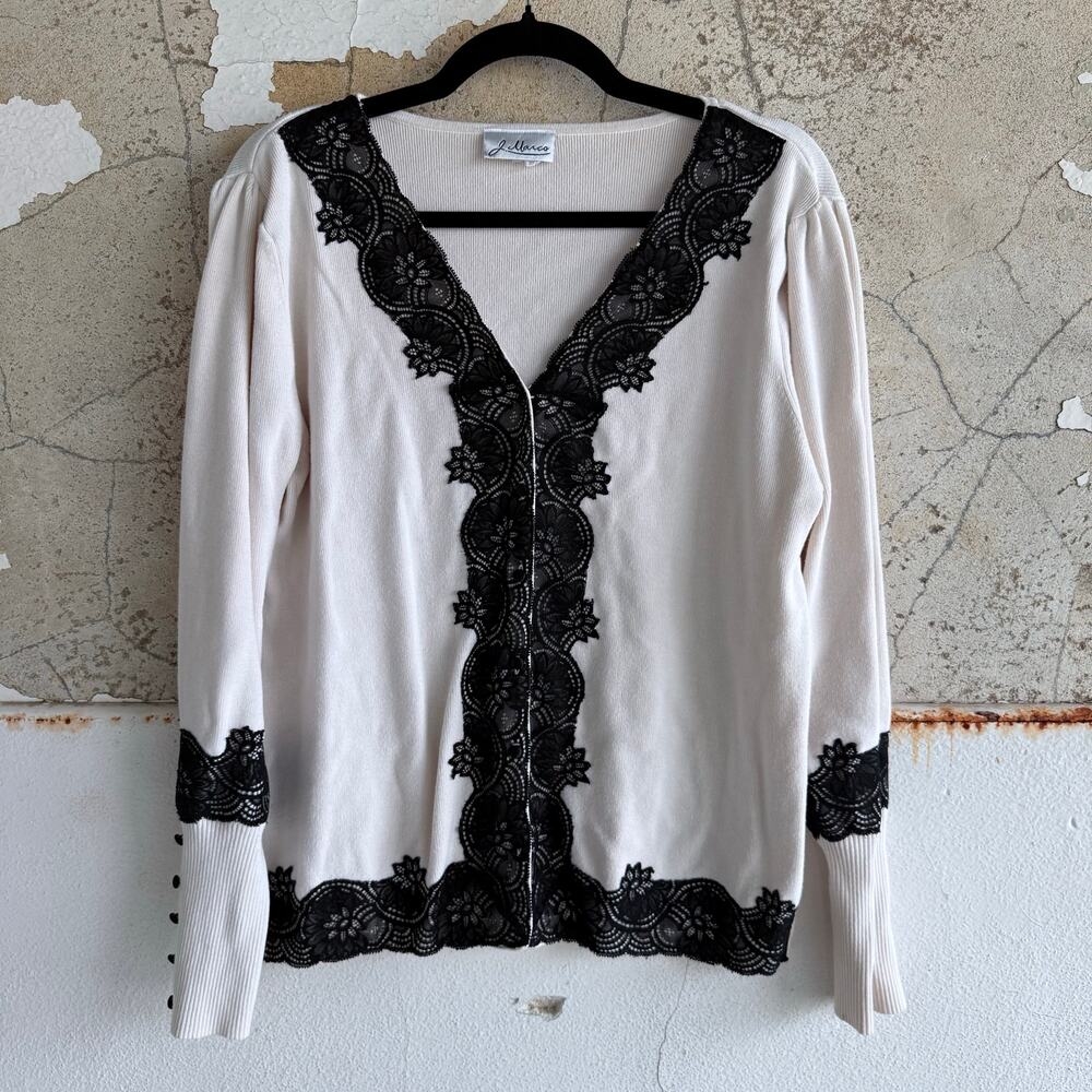 Vtg Cardigan Cream Sweater Black Lace Trim Button Front Womens M‎ Coquette Girly